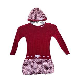 Heirlooms Red White Knit Formal Sweater Dress Hat Bow Toddler Girl Size 3T Winte